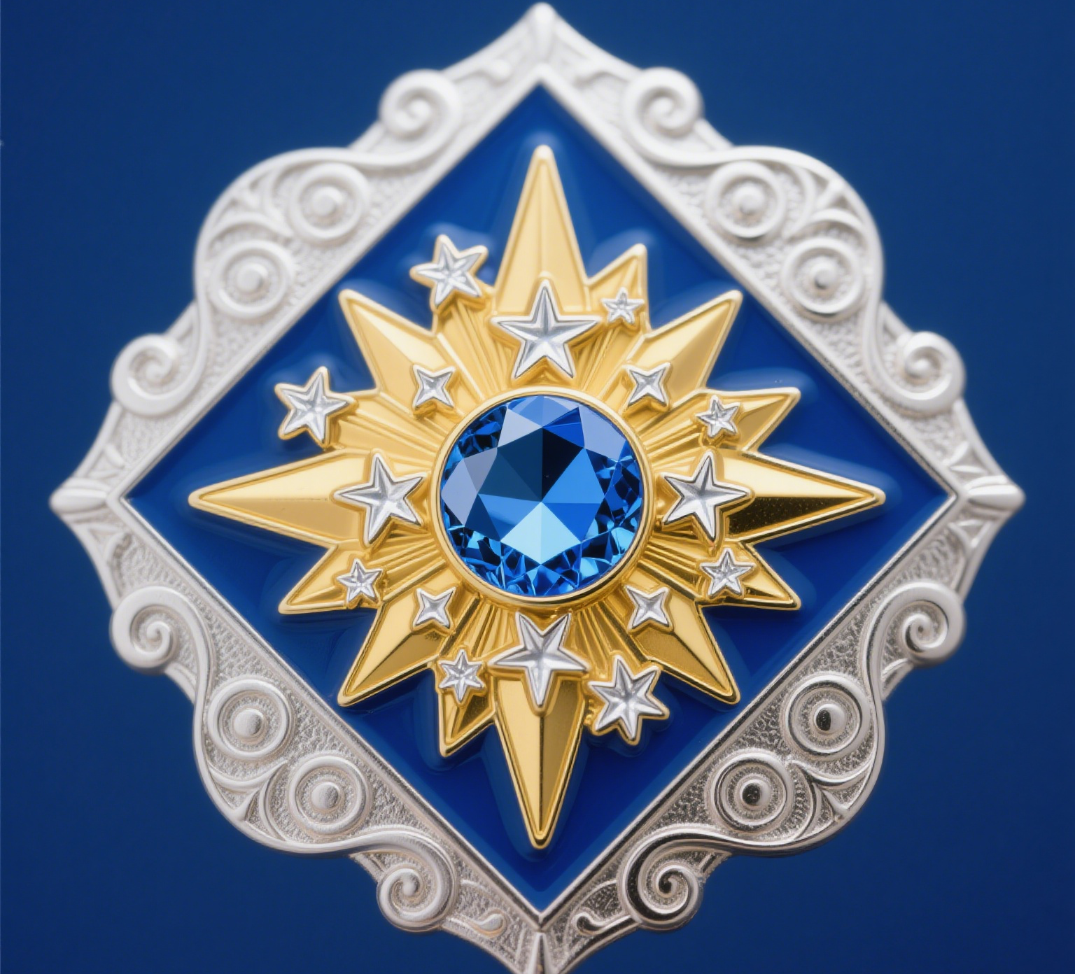 Crachá ornamentado com gema e estrelas azuis